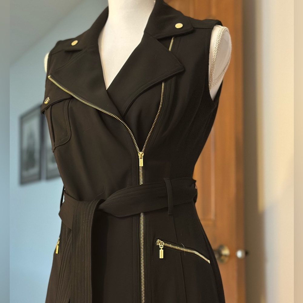 Size 4 LBD, Calvin Klein, lined polyester spandex with gold zip accents